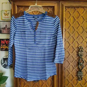 CHAPS 3/4 Sleeve Striped Henley Top w pocket- Navy/White, Size S